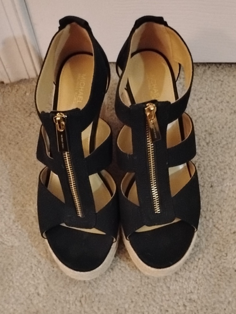 Michael Kors Black Wedge Sandals with Gold Zipper Detail